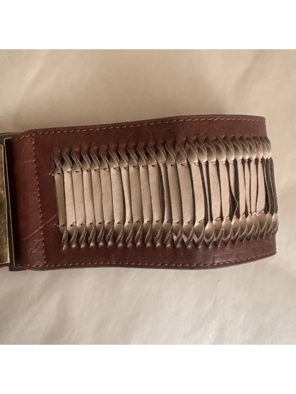 Wide Brown Boho Waist Belt Small Stretch Western Artisan Rustic Stretchy Brass
